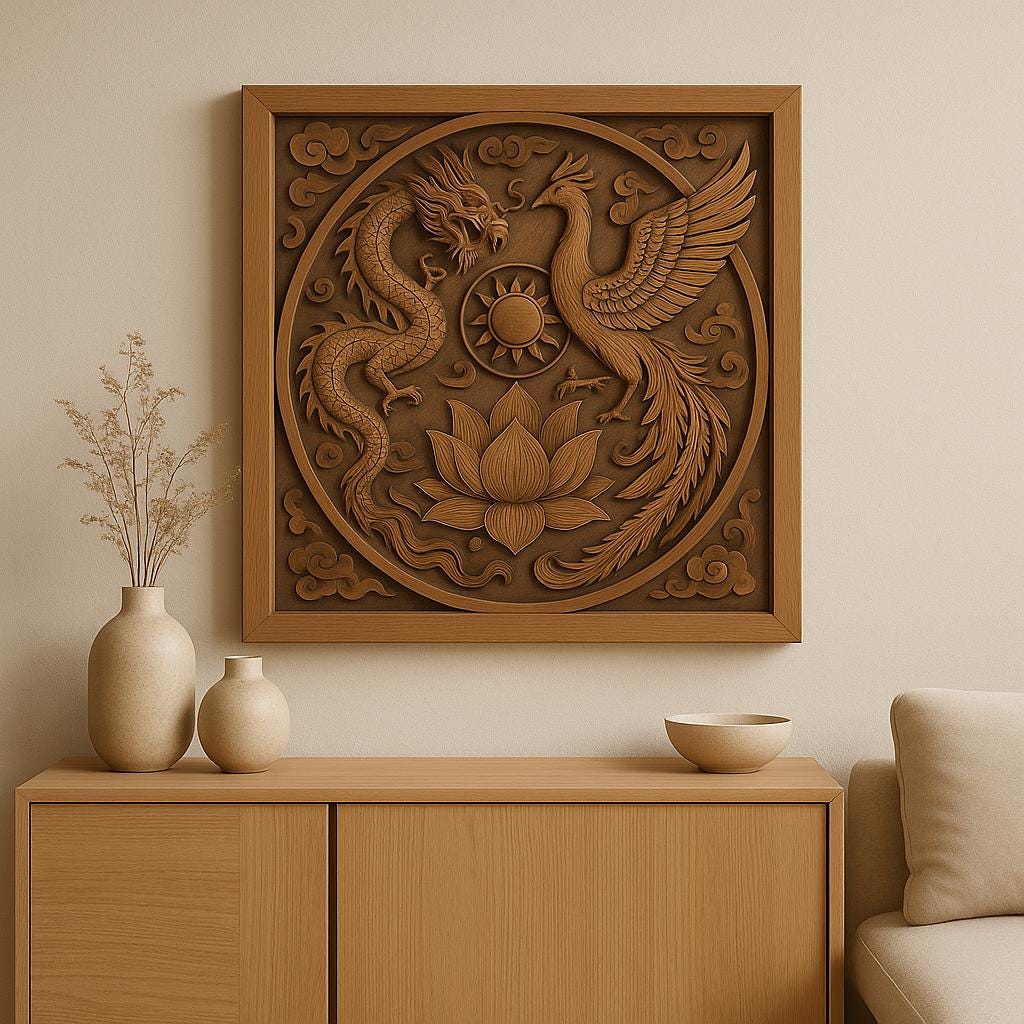 Dragon Phoenix Lotus Wooden Wall Art | Feng Shui Decor
