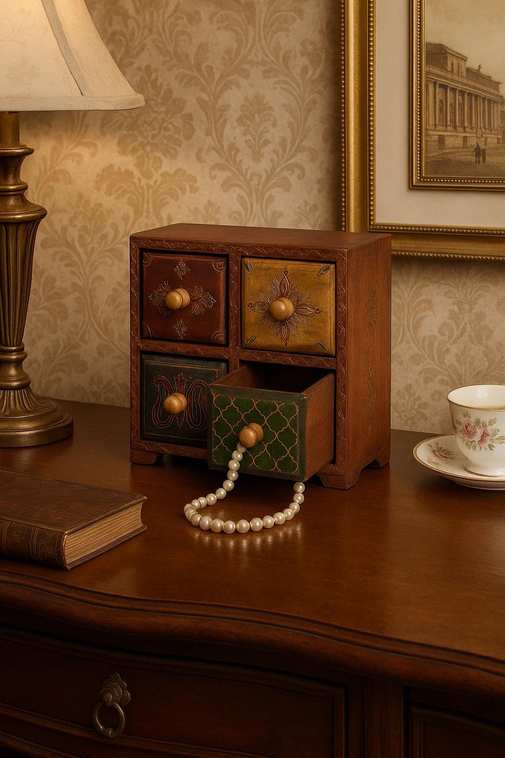 Wooden 4-Drawer Chest - Hand-Painted Jewelry Box