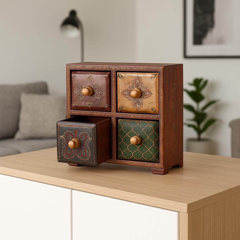 Wooden 4-Drawer Chest - Hand-Painted Jewelry Box