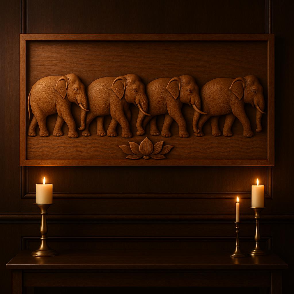 Elephant Wooden Wall Panel - Teak Handcrafted Parade Art