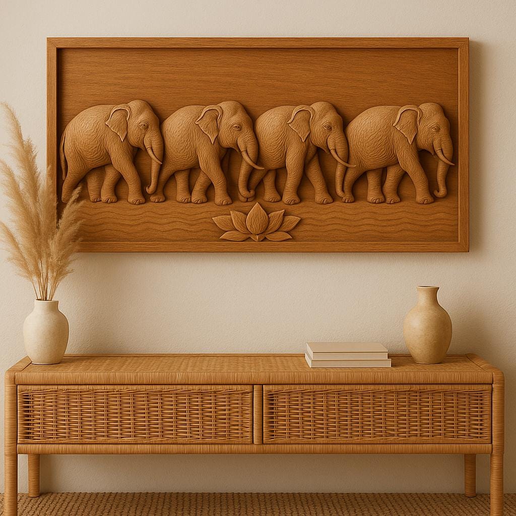 Elephant Wooden Wall Panel - Teak Handcrafted Parade Art