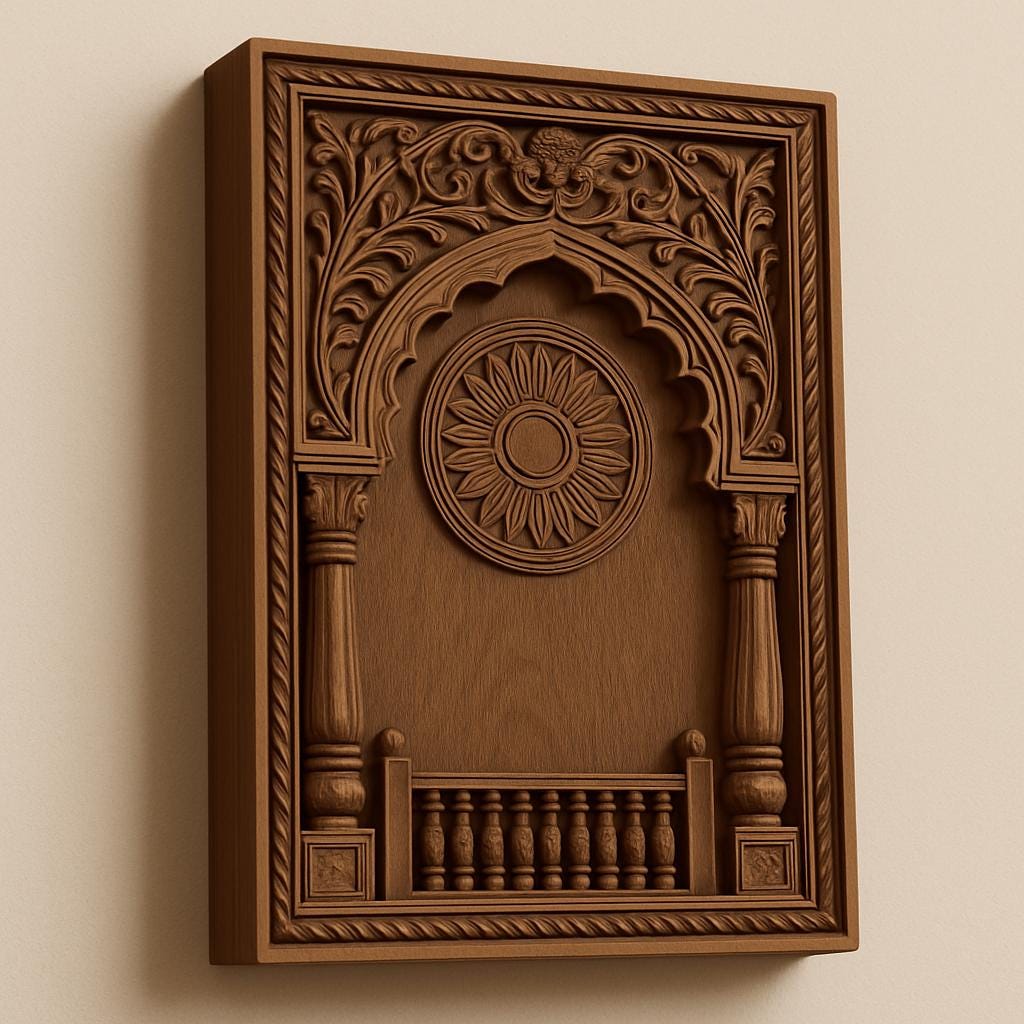 Carved Wooden Jharokha Wall Panel - Boho Distressed Decor