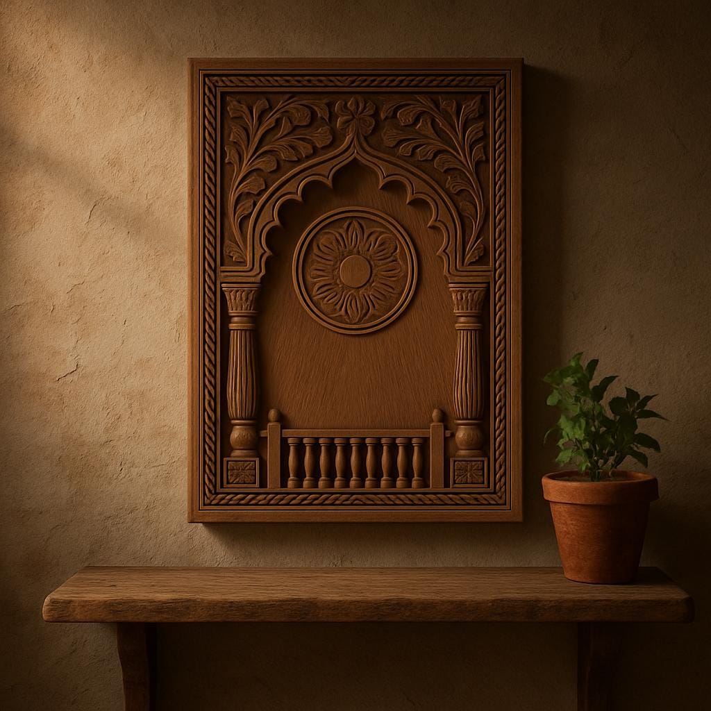 Carved Wooden Jharokha Wall Panel - Boho Distressed Decor