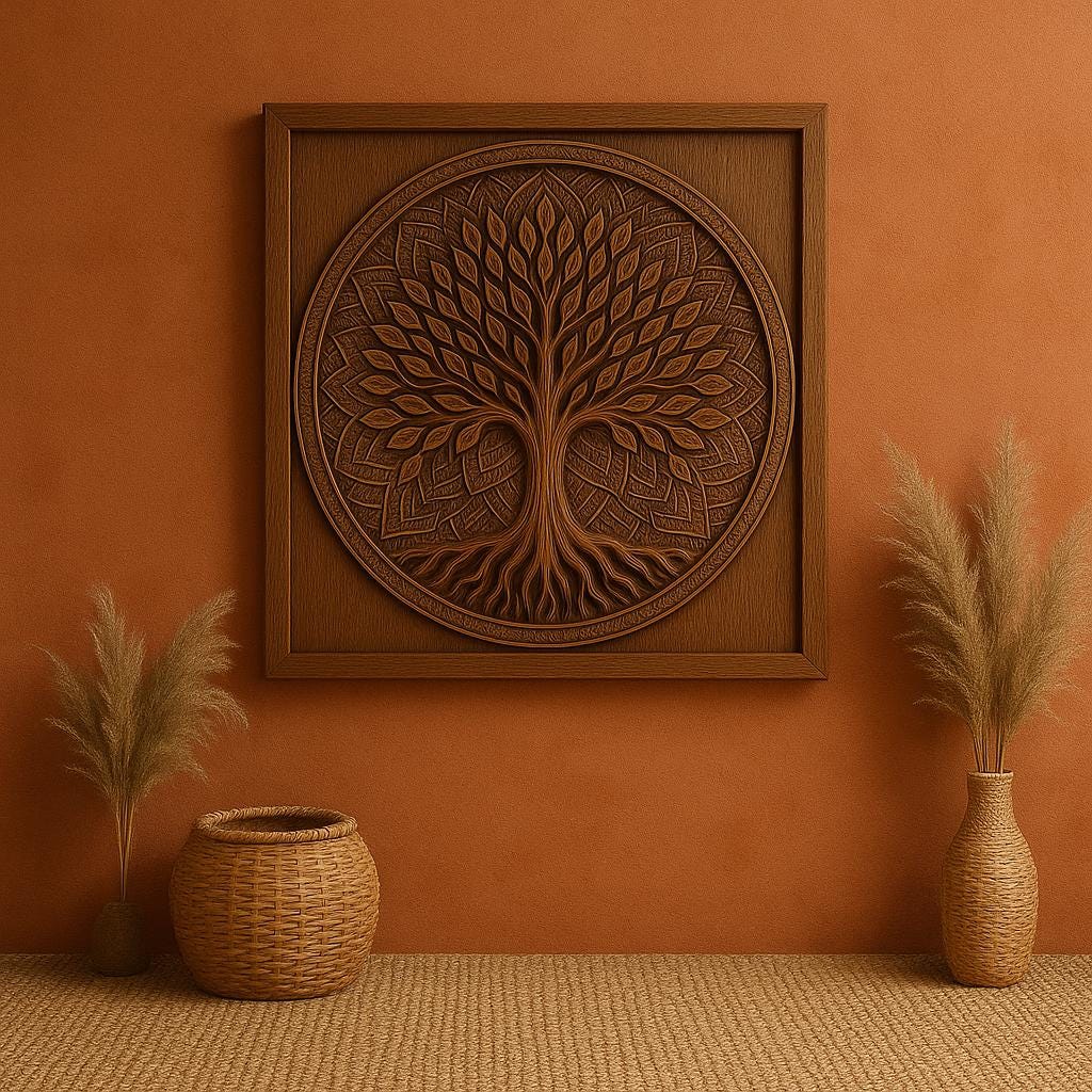 Handcarved Tree of Life Wooden Wall Art | Teak Finish Mandala Panel | Boho Rustic Decor | Entryway, Pooja Room, Living Room Wall Hanging