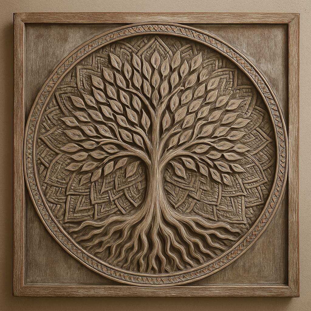 Handcarved Tree of Life Wooden Wall Art | Teak Finish Mandala Panel | Boho Rustic Decor | Entryway, Pooja Room, Living Room Wall Hanging