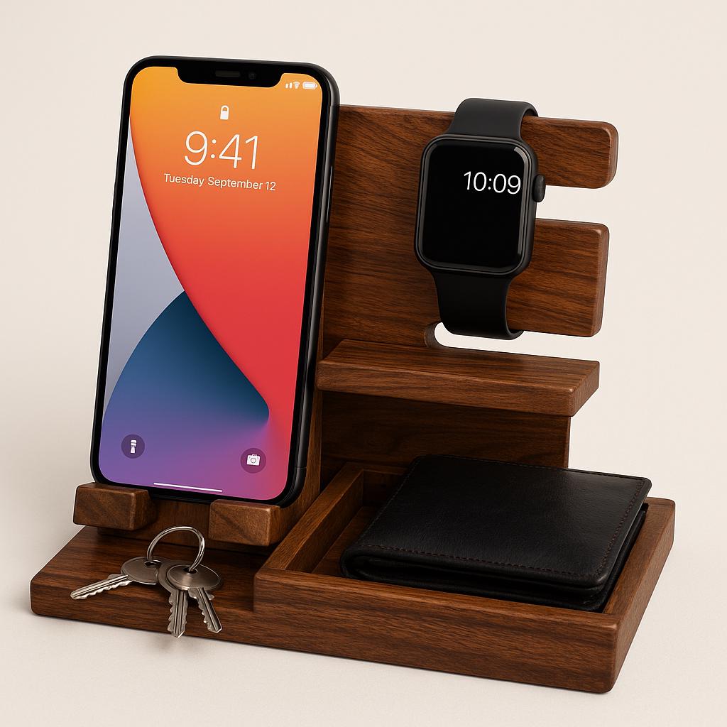 Handcrafted Teak Wood Desk Organizer  Multi-Slot Phone & Pen Holder
