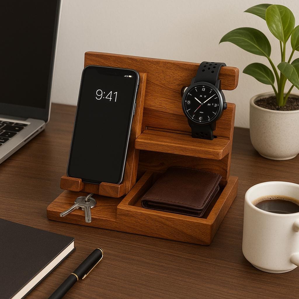 Handcrafted Teak Wood Desk Organizer  Multi-Slot Phone & Pen Holder
