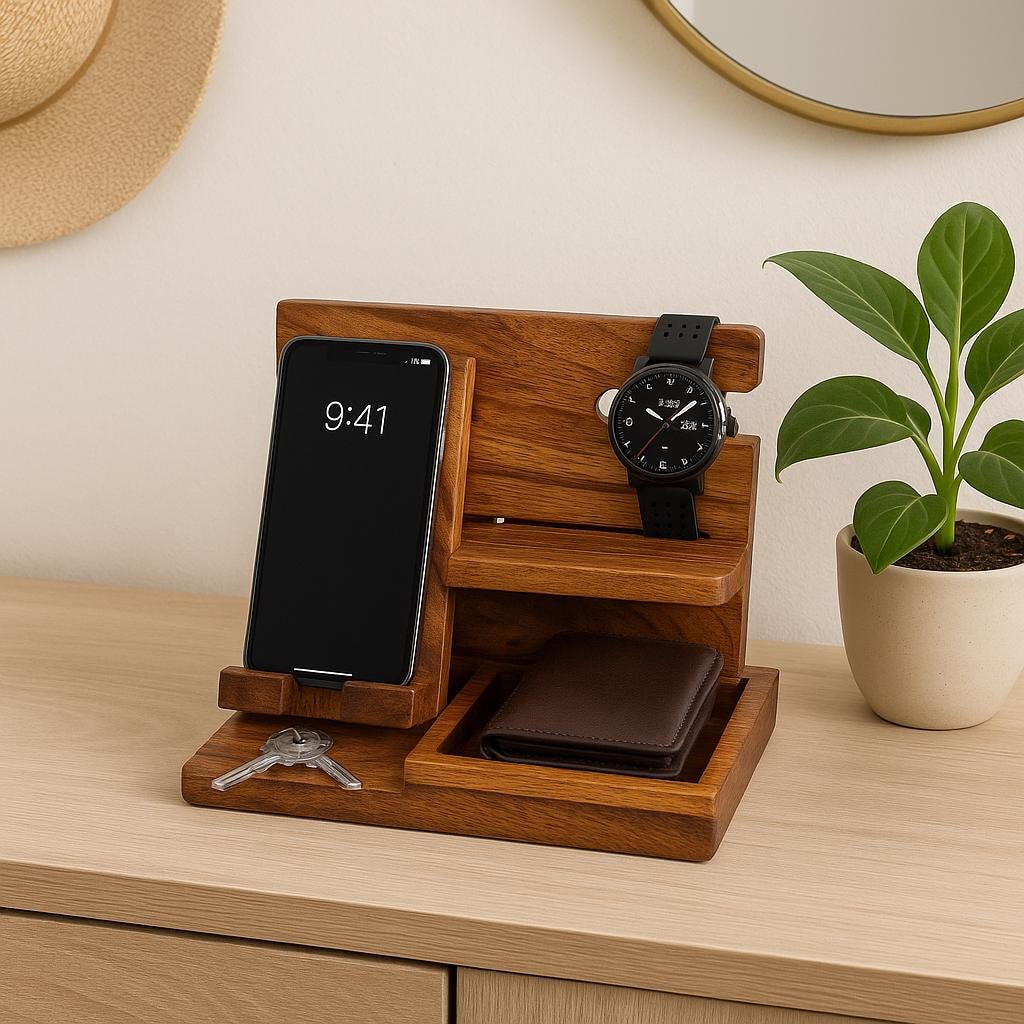 Handcrafted Teak Wood Desk Organizer  Multi-Slot Phone & Pen Holder