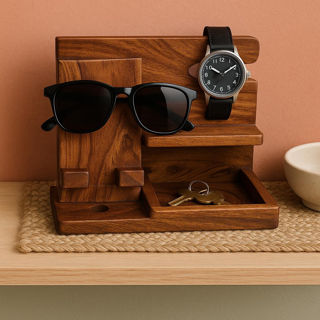 Handcrafted Teak Wood Desk Organizer  Multi-Slot Phone & Pen Holder