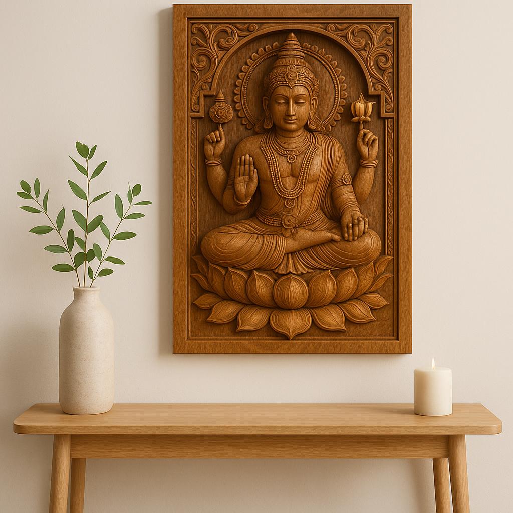 Teak Wood Vishnu Wall Panel - 3D Relief