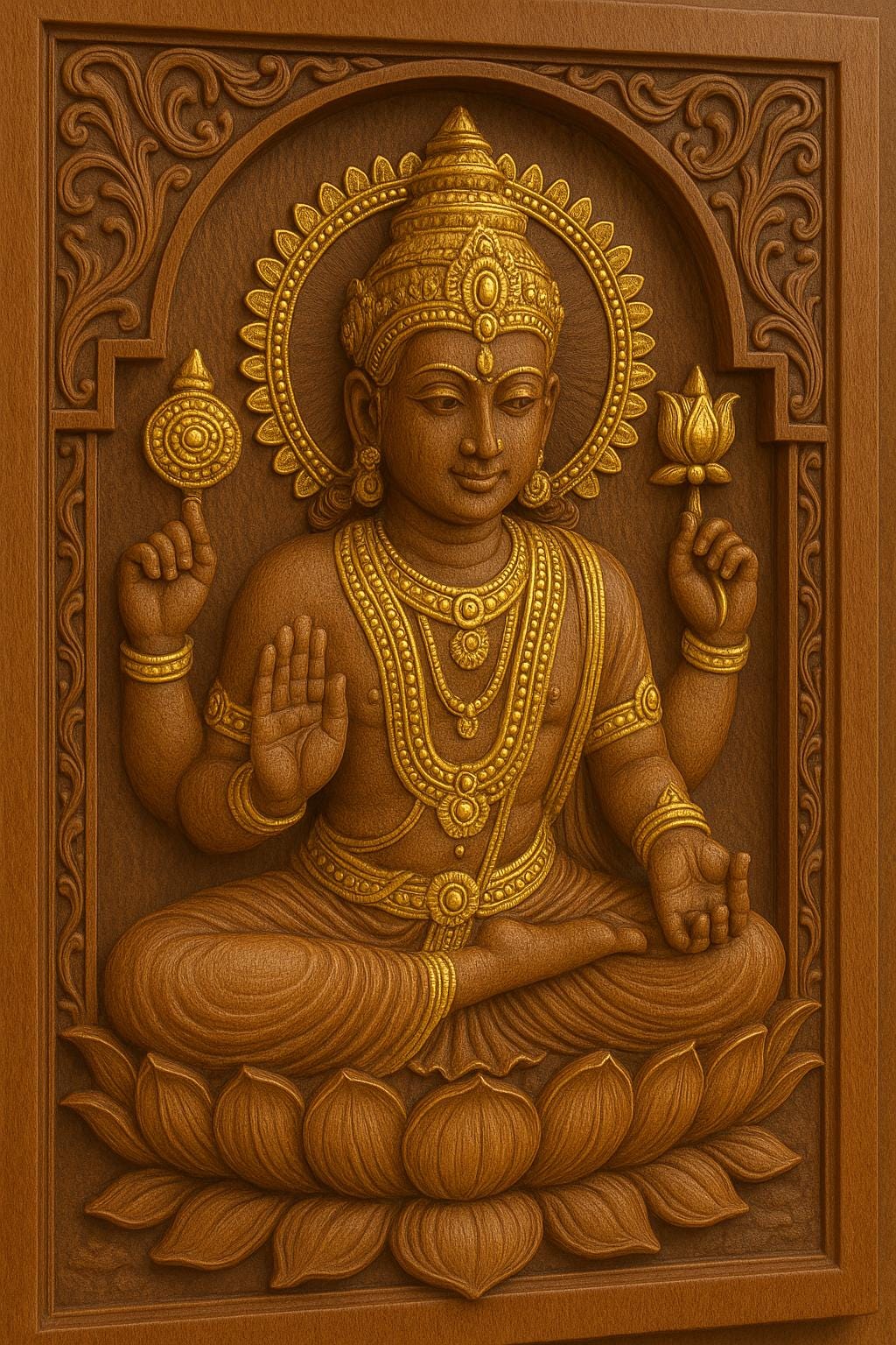 Teak Wood Vishnu Wall Panel - 3D Relief