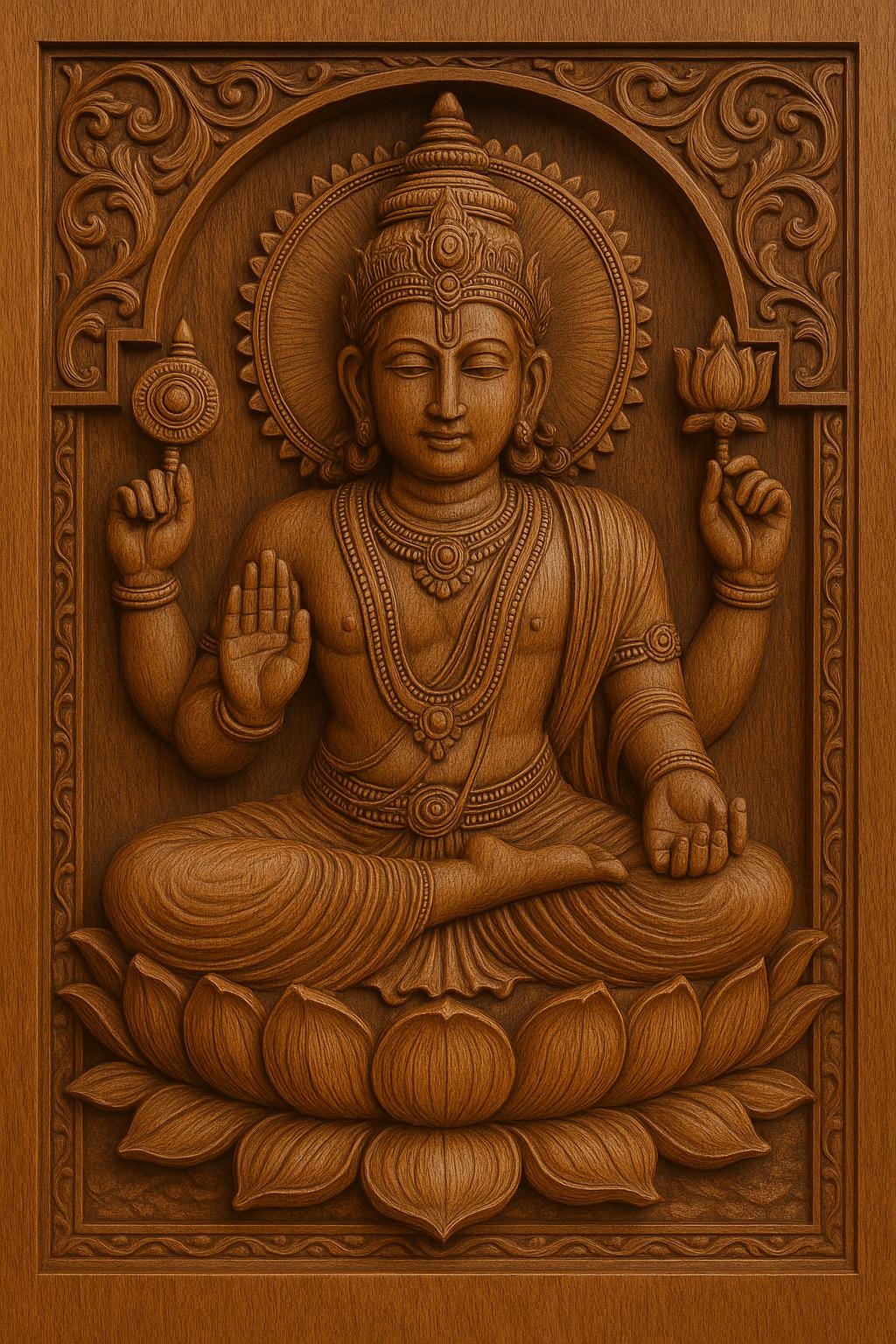 Teak Wood Vishnu Wall Panel - 3D Relief