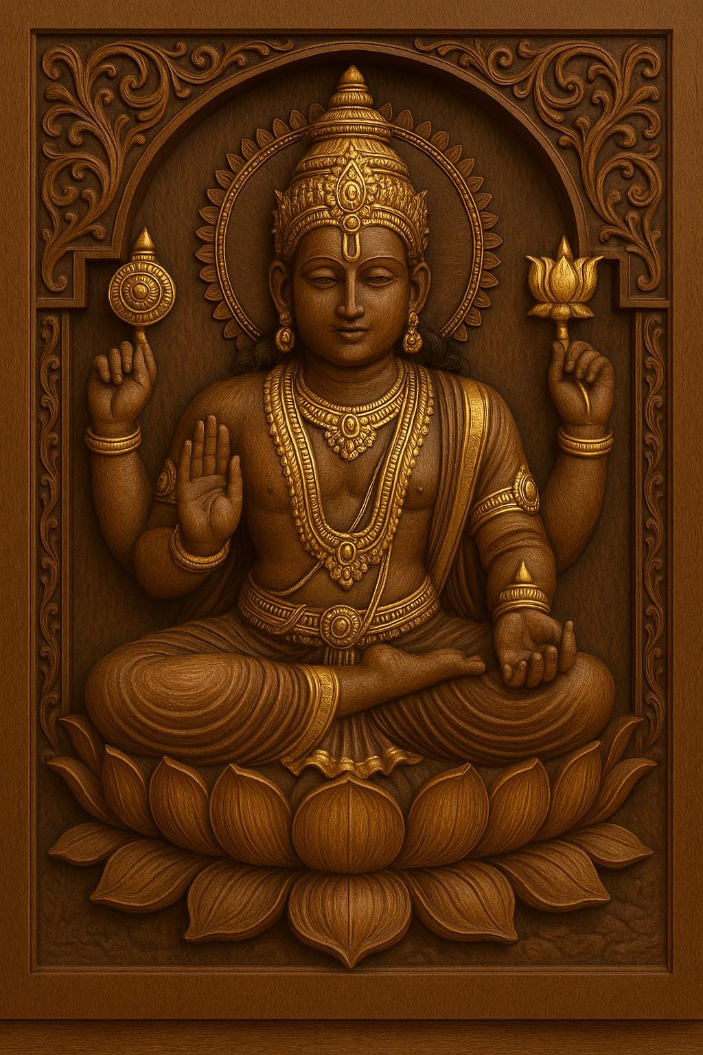 Teak Wood Vishnu Wall Panel - 3D Relief