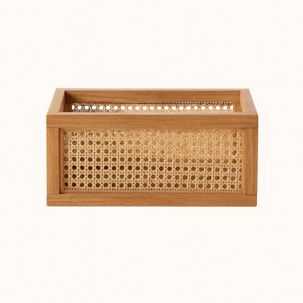Handmade Teak Wood Cane Organizer | Rustic Desk Storage Box