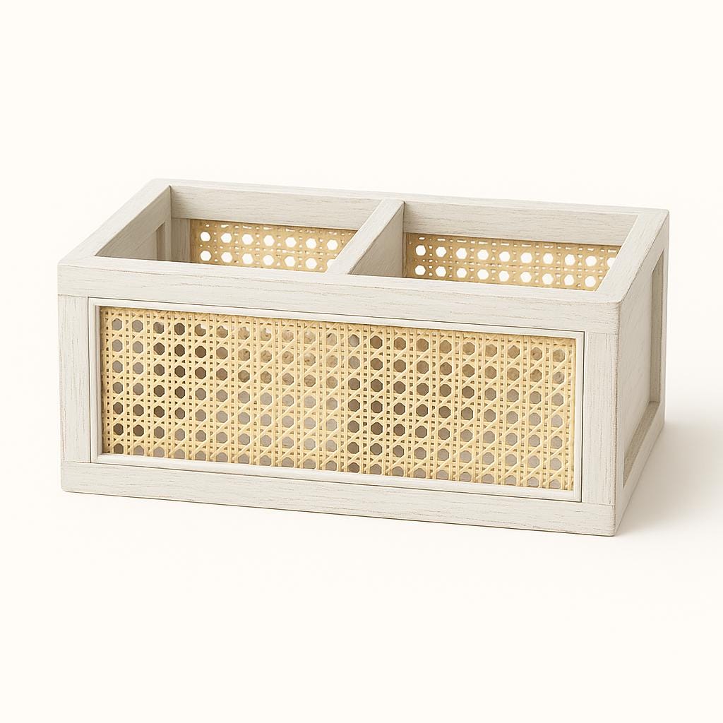 Handmade Teak Wood Cane Organizer | Rustic Desk Storage Box