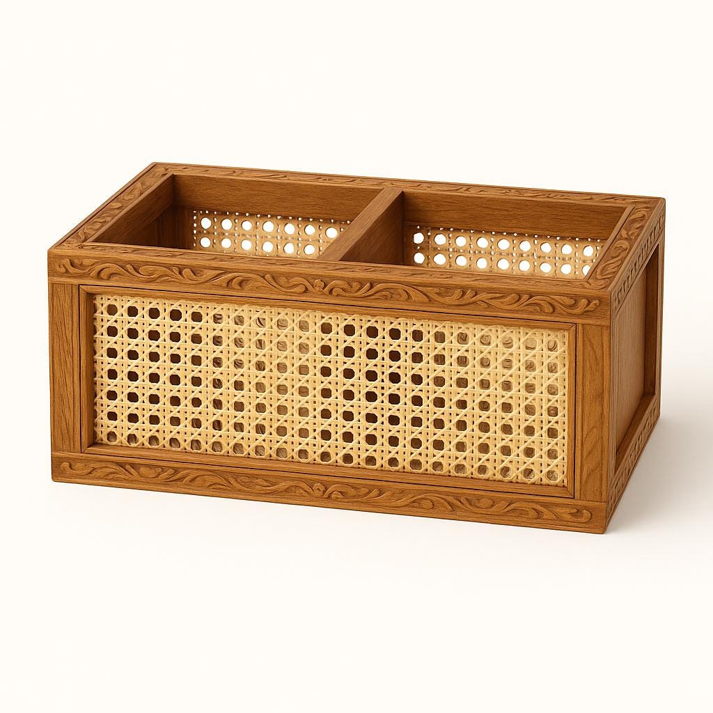 Handmade Teak Wood Cane Organizer | Rustic Desk Storage Box