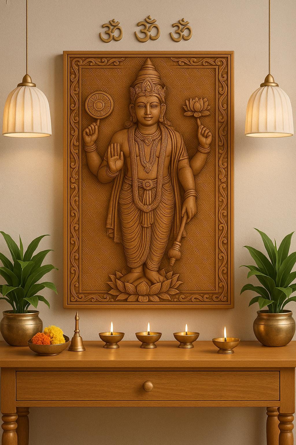 Lord Vishnu Wall Art - Carved Wood Pooja Panel