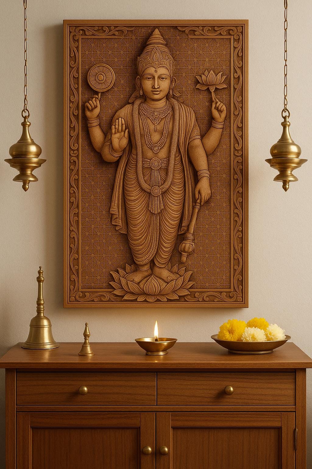Lord Vishnu Wall Art - Carved Wood Pooja Panel