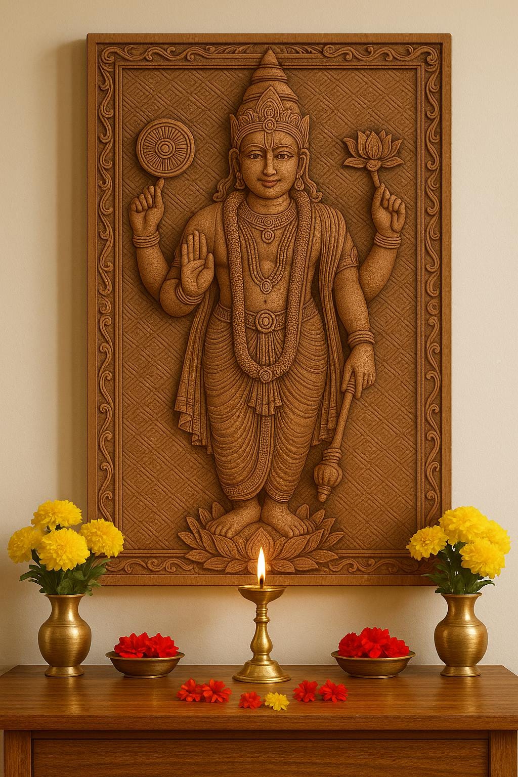 Lord Vishnu Wall Art - Carved Wood Pooja Panel