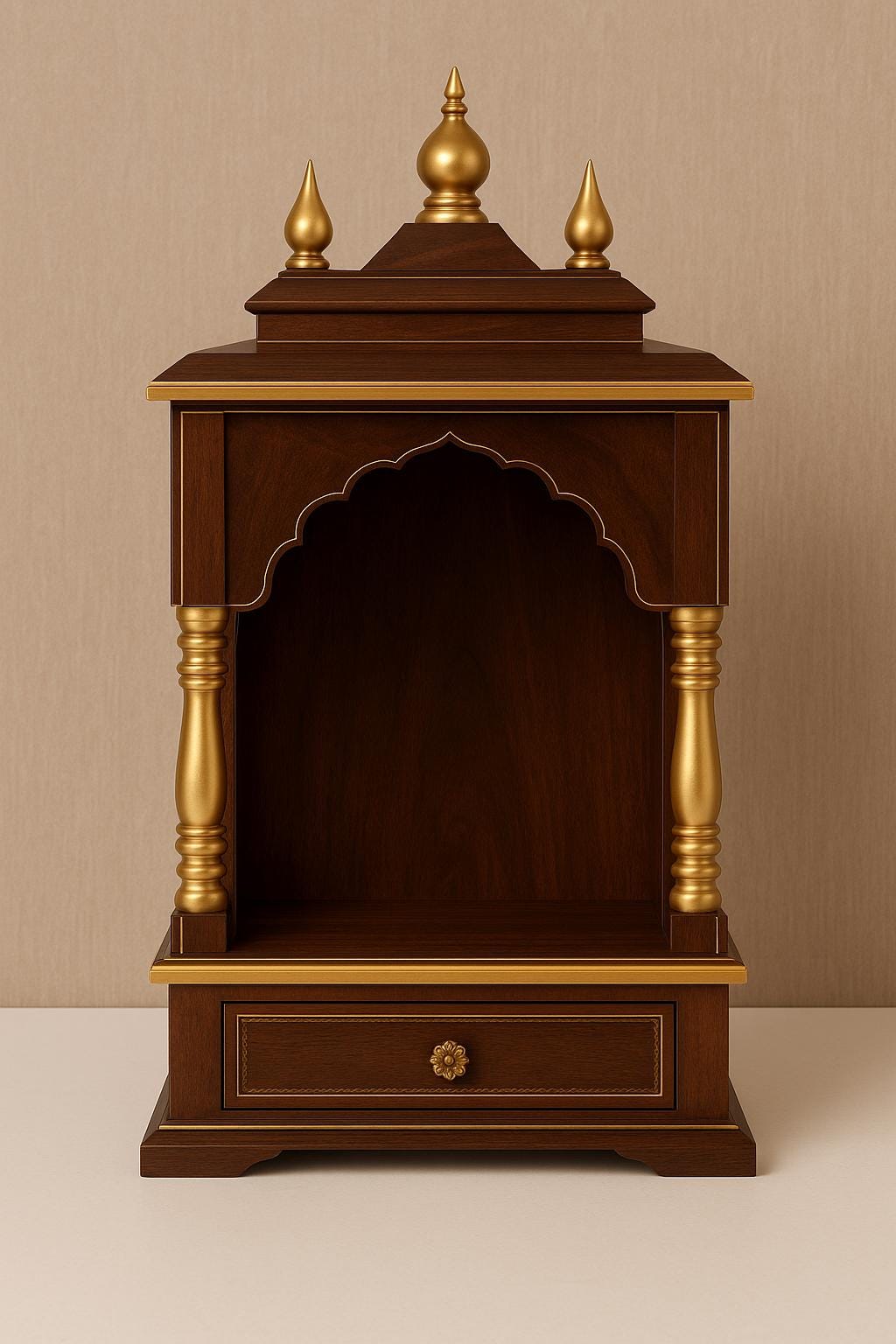 Wooden Pooja Mandir - Golden Kalash Motif