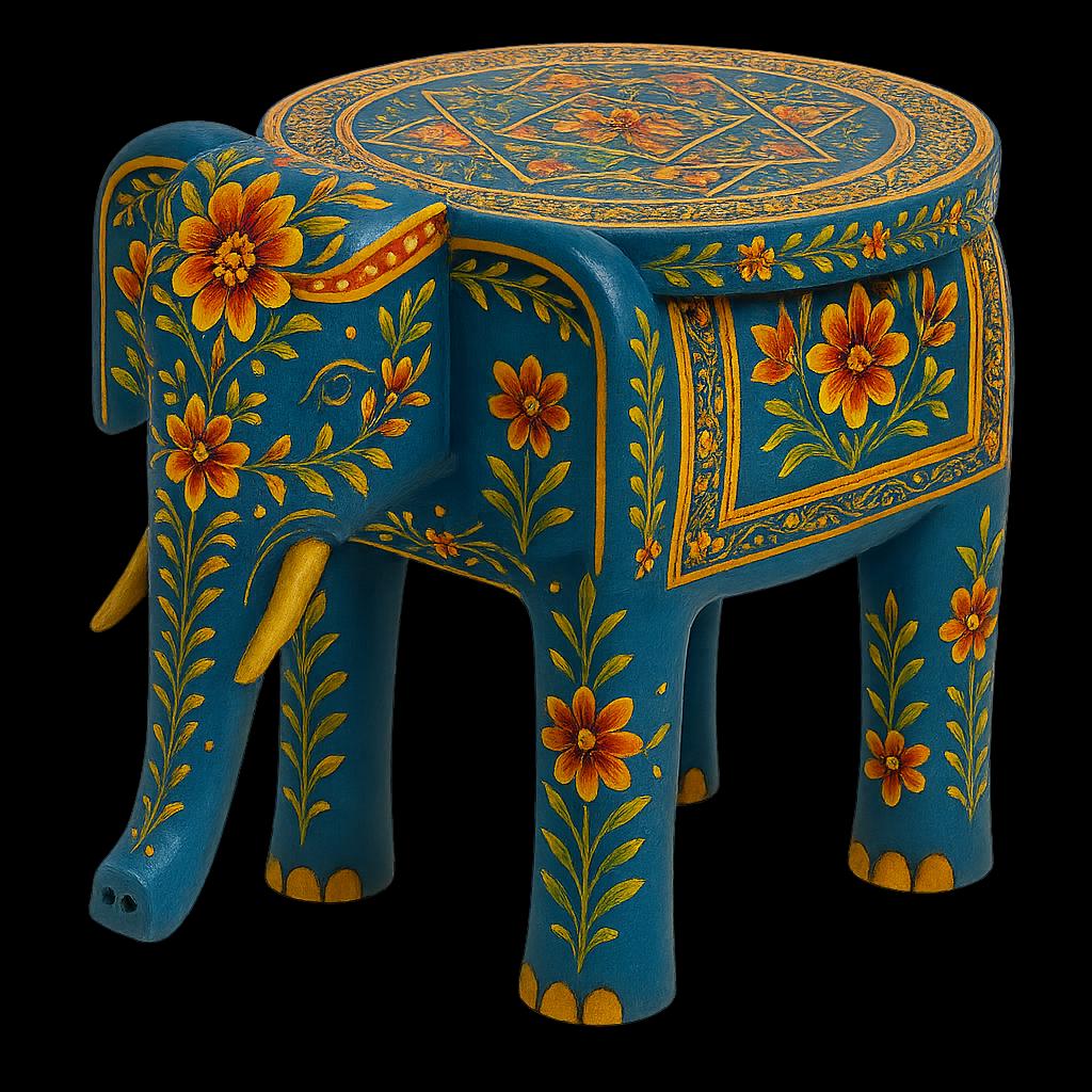 Handcrafted Solid Wooden Elephant Stool: Blue Boho Accent Table, Floral Painting