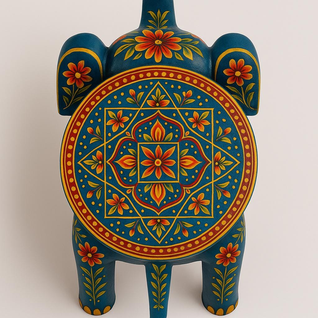 Handcrafted Solid Wooden Elephant Stool: Blue Boho Accent Table, Floral Painting