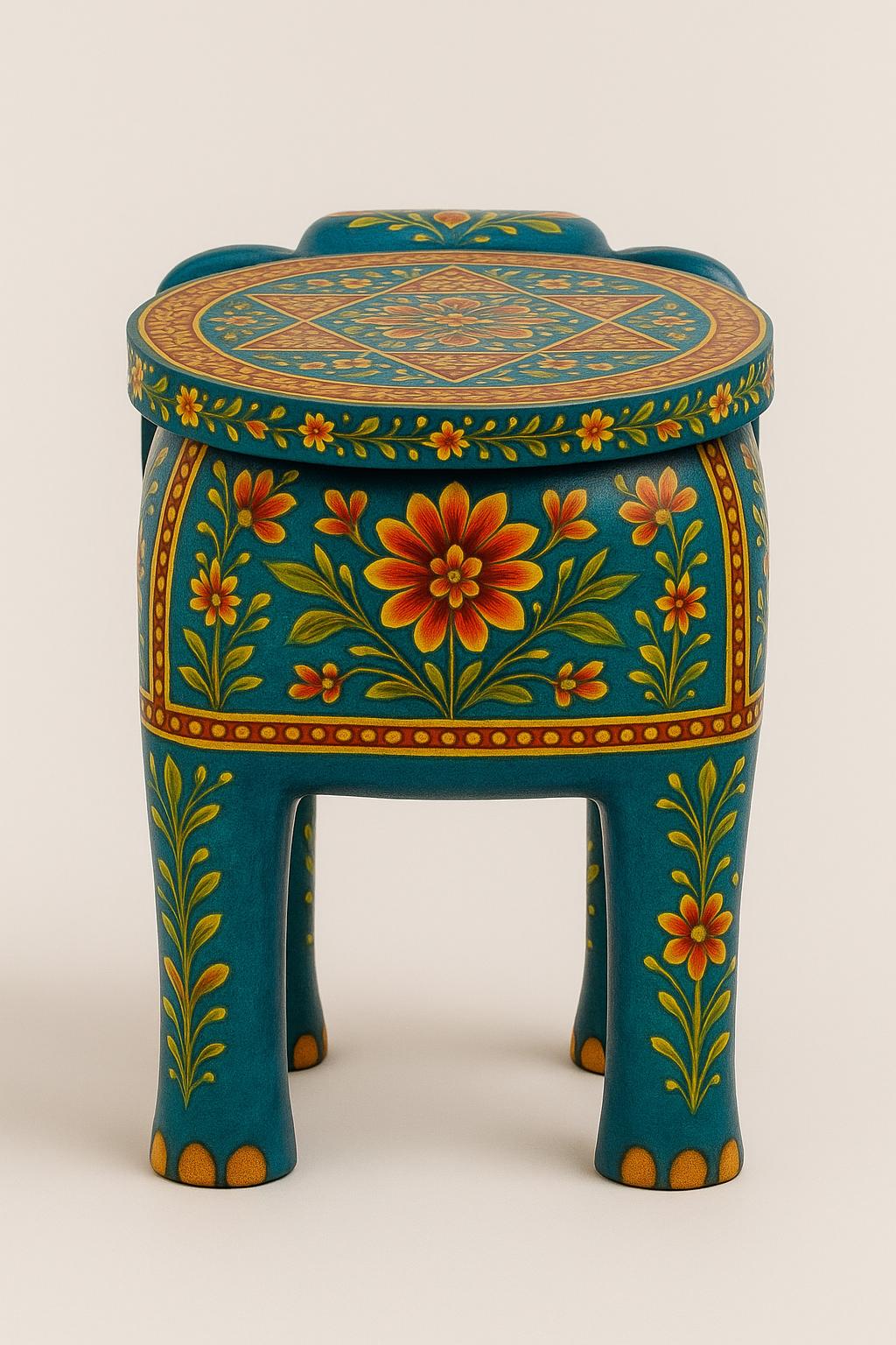 Handcrafted Solid Wooden Elephant Stool: Blue Boho Accent Table, Floral Painting