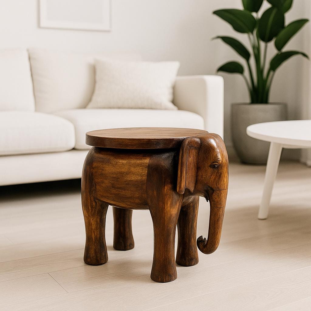 Wooden Elephant Stool with Tile Inlay