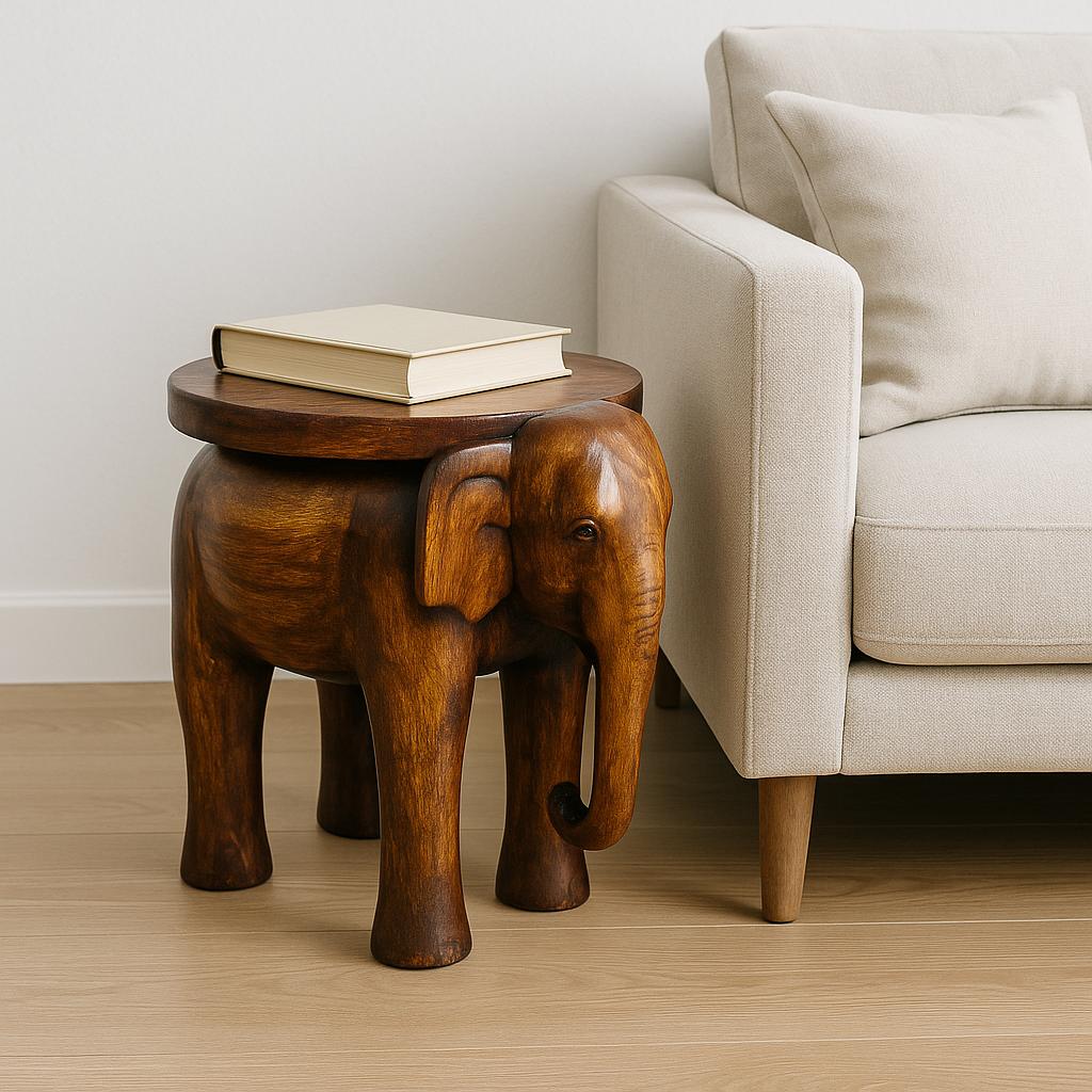 Wooden Elephant Stool with Tile Inlay