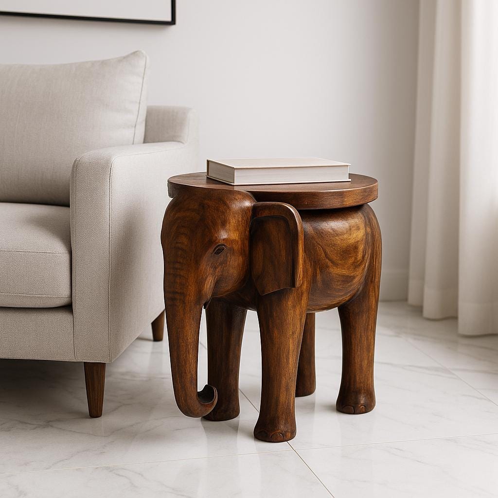 Wooden Elephant Stool with Tile Inlay