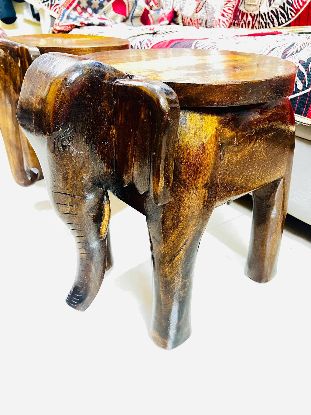 Wooden Elephant Stool - Dark Grain Boho Accent Table