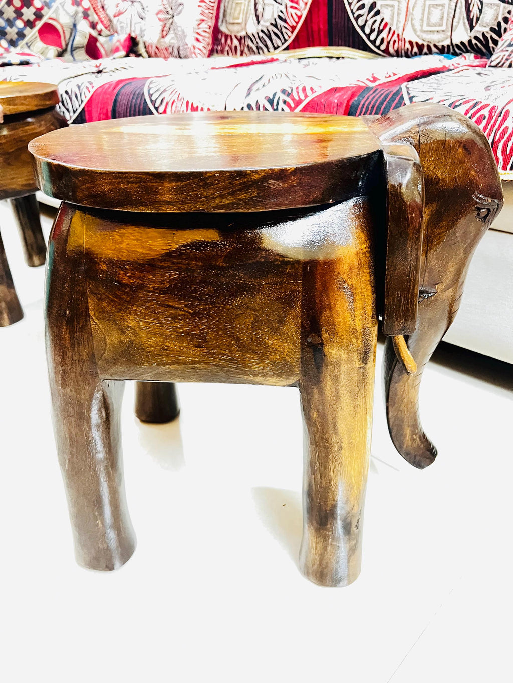 Wooden Elephant Stool - Dark Grain Boho Accent Table