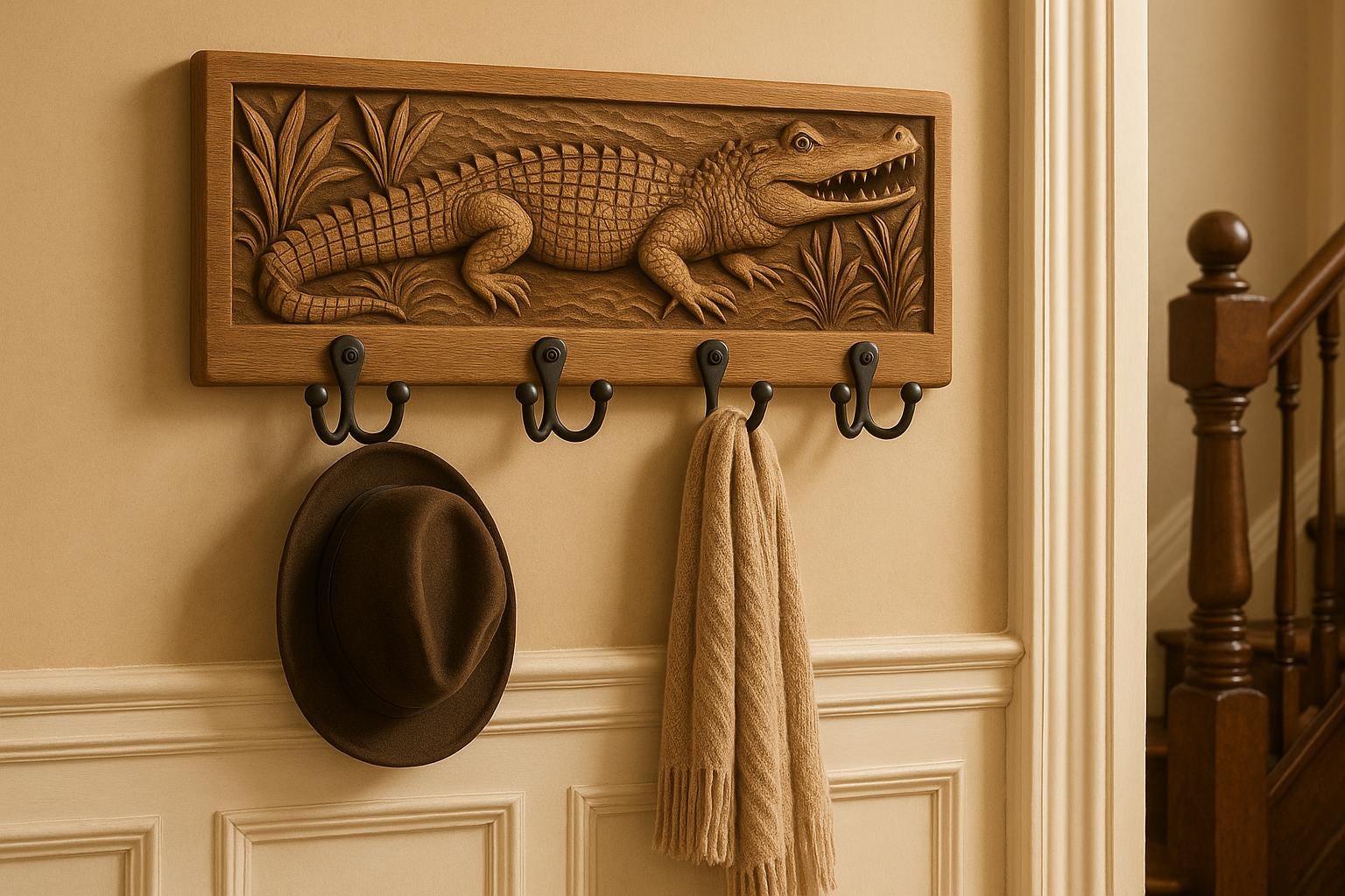 Wooden Wall Key Holder - 6 Hooks Crocodile