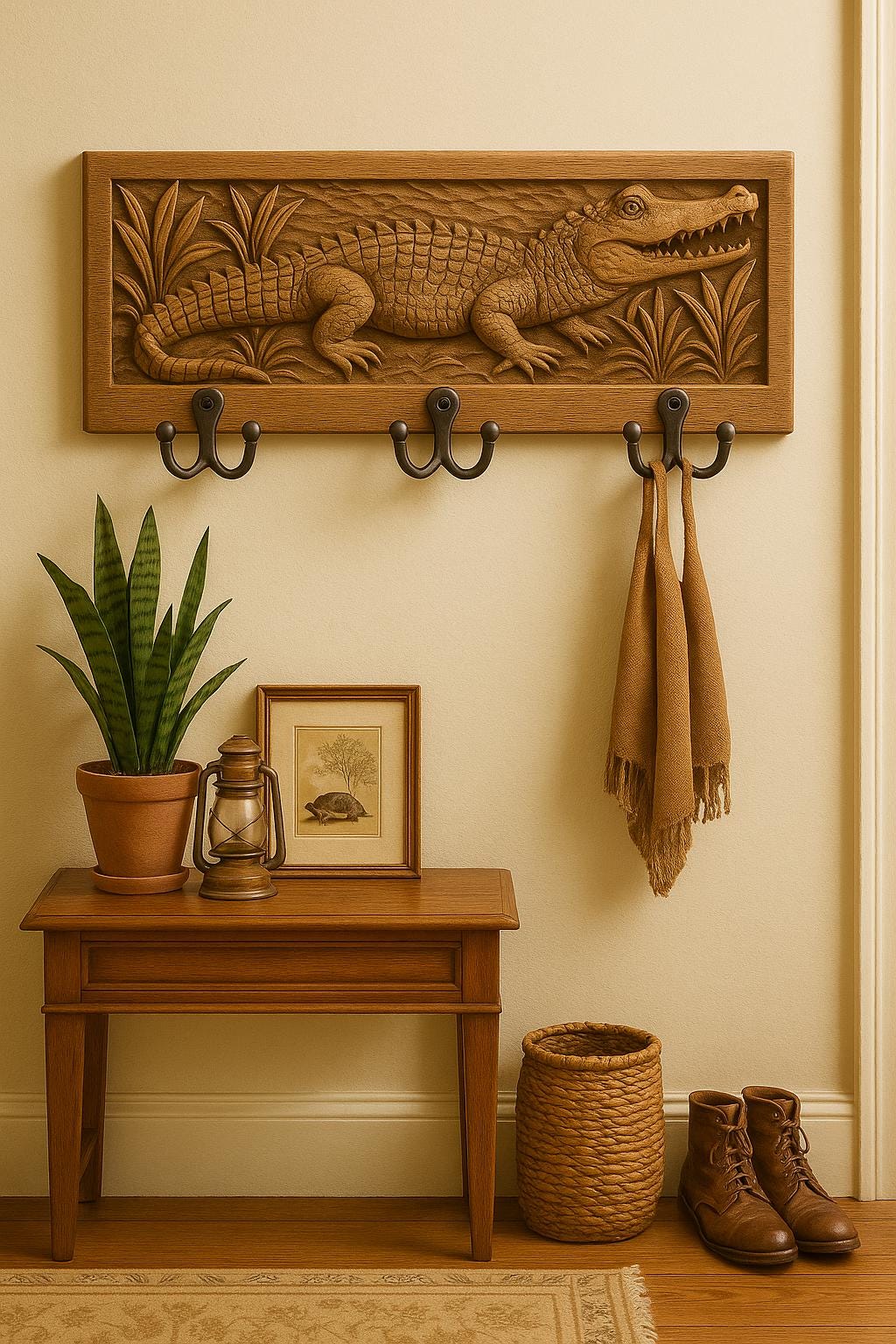 Wooden Wall Key Holder - 6 Hooks Crocodile