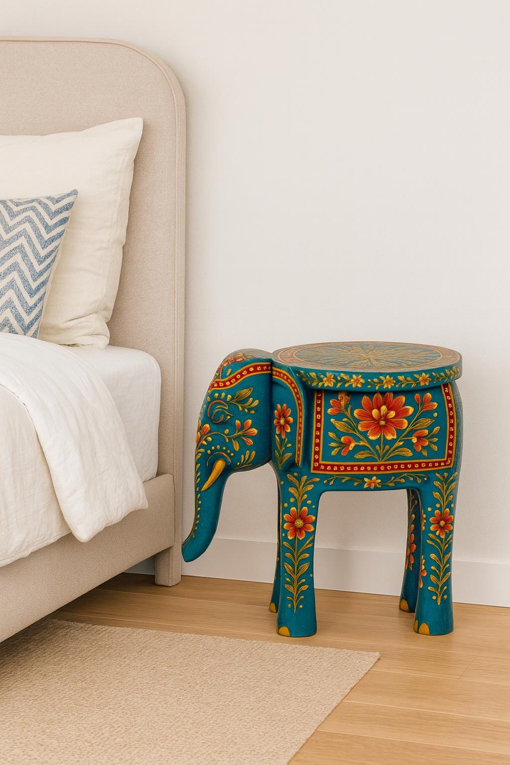 Handcrafted Solid Wooden Elephant Stool: Blue Boho Accent Table, Floral Painting