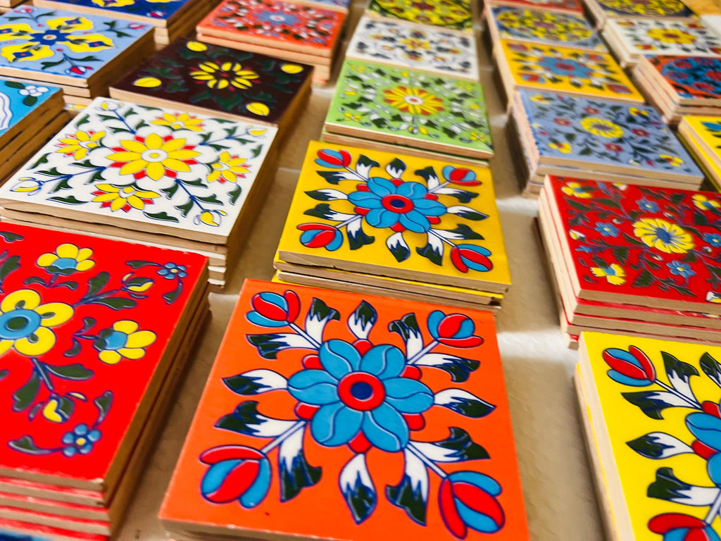 100 Piece Assorted Mosaic Ceramic Tiles  2x2 Inch -  Hand Painted Floral Wall Decor Mosaic