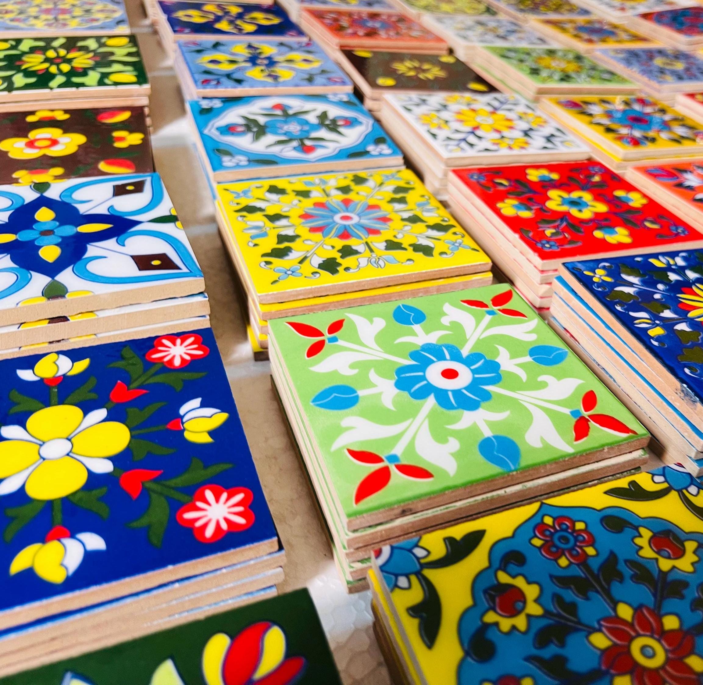 100 Piece Assorted Mosaic Ceramic Tiles  2x2 Inch -  Hand Painted Floral Wall Decor Mosaic