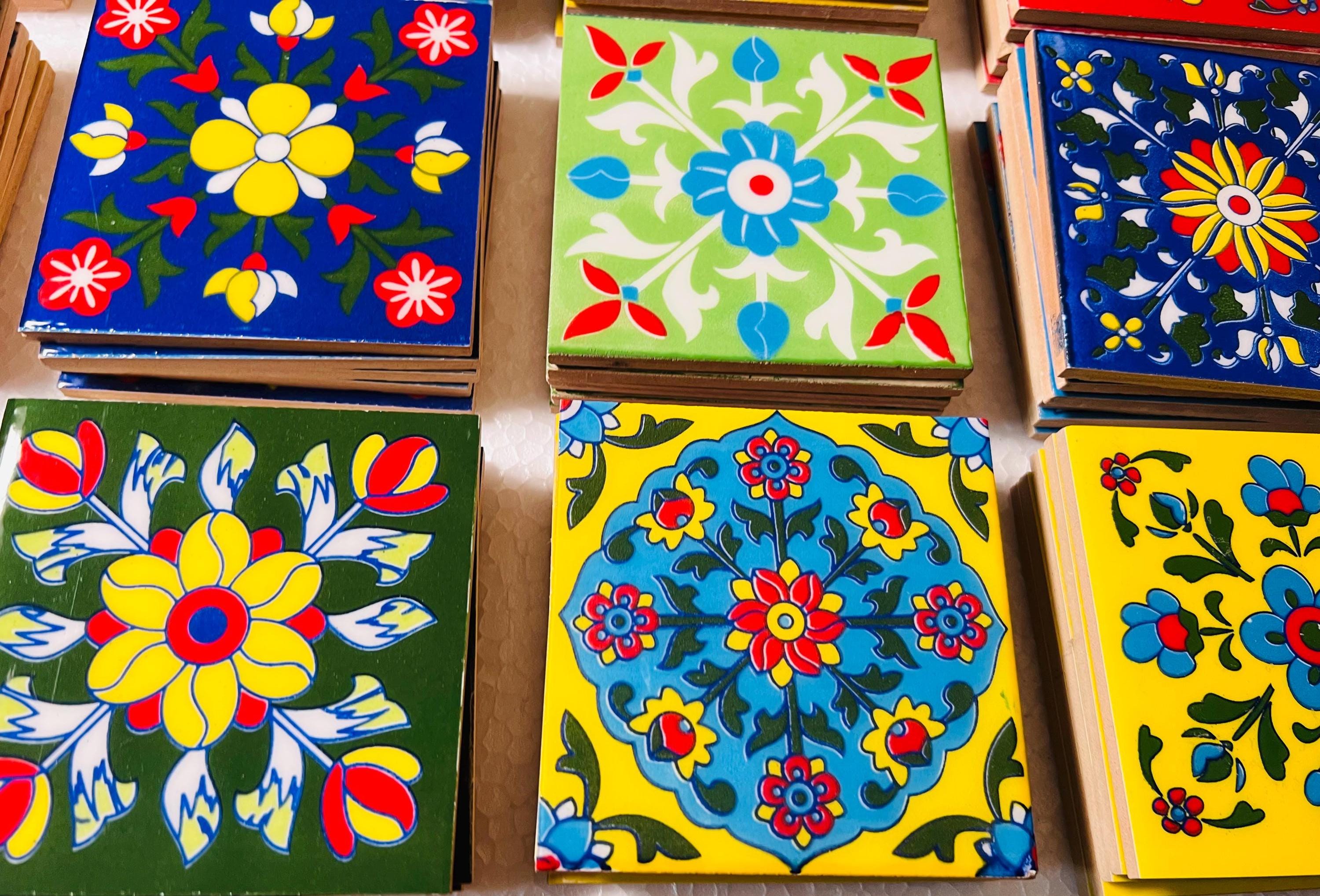 100 Piece Assorted Mosaic Ceramic Tiles  2x2 Inch -  Hand Painted Floral Wall Decor Mosaic