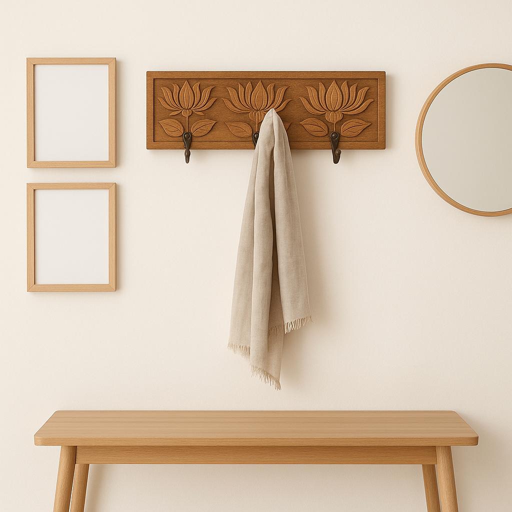 Wooden Wall Key  4 Black Hooks |   Luxury lotus Design Organizer | Handcrafted Solid Wood Wall Decor