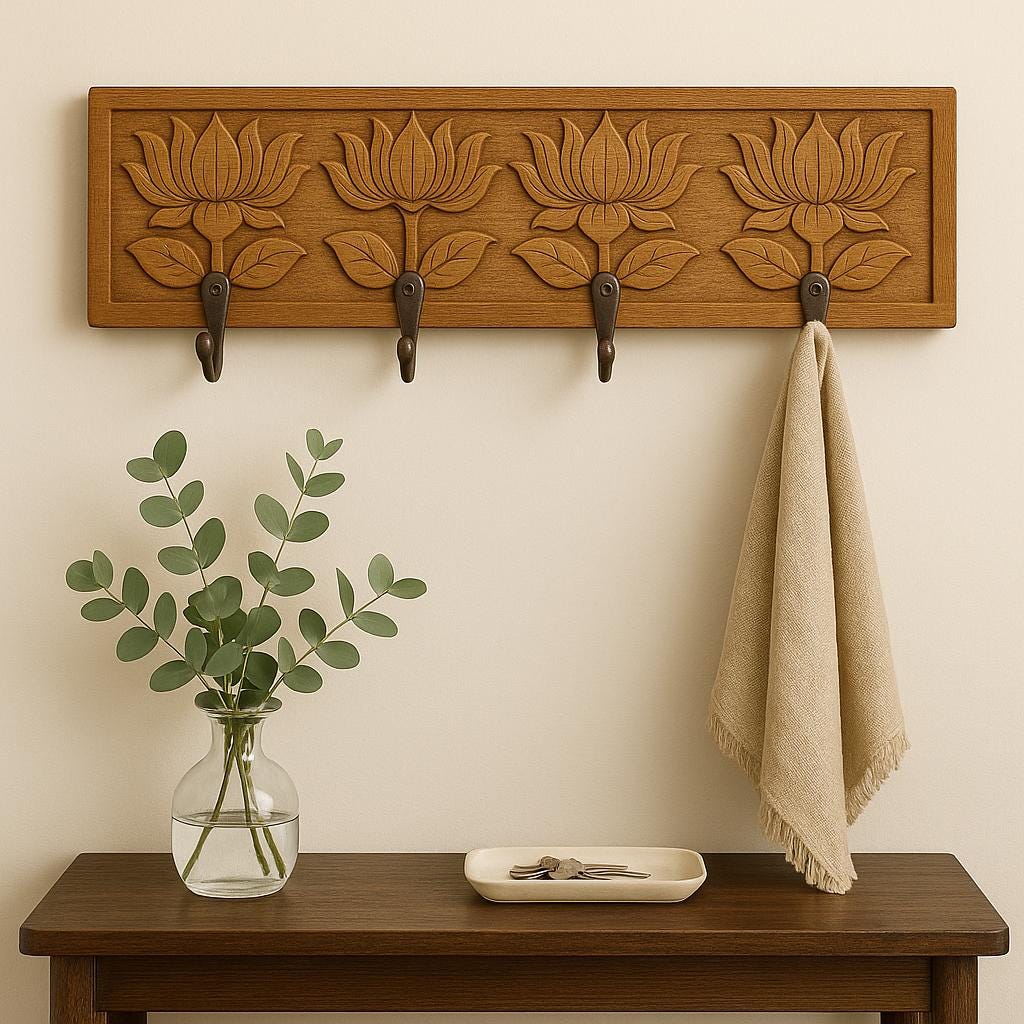 Wooden Wall Key  4 Black Hooks |   Luxury lotus Design Organizer | Handcrafted Solid Wood Wall Decor