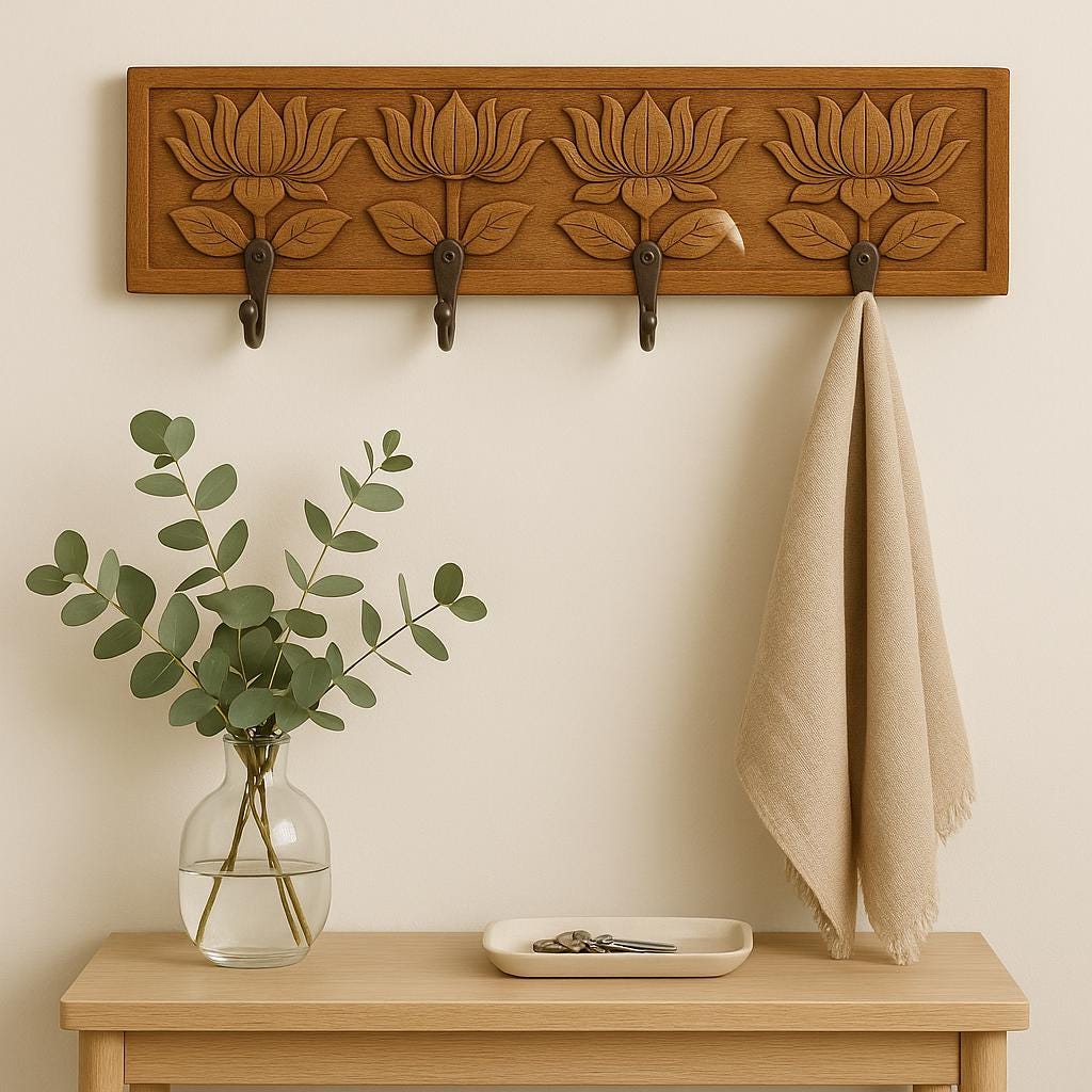 Wooden Wall Key  4 Black Hooks |   Luxury lotus Design Organizer | Handcrafted Solid Wood Wall Decor