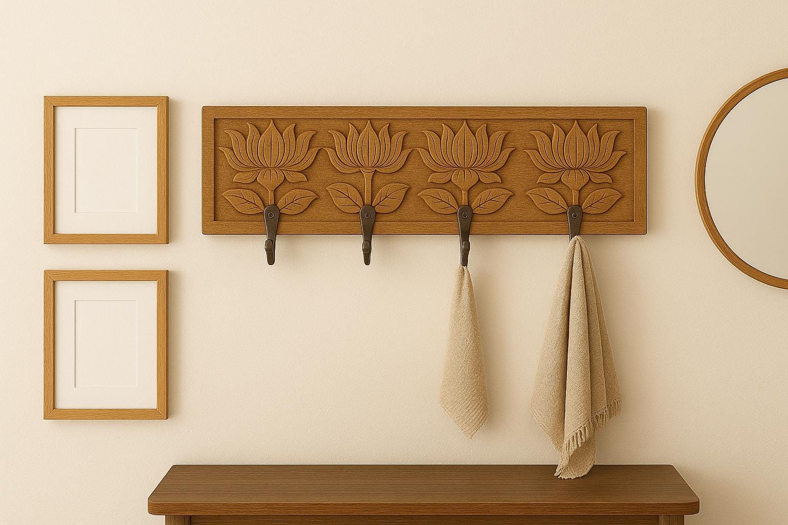 Wooden Wall Key  4 Black Hooks |   Luxury lotus Design Organizer | Handcrafted Solid Wood Wall Decor