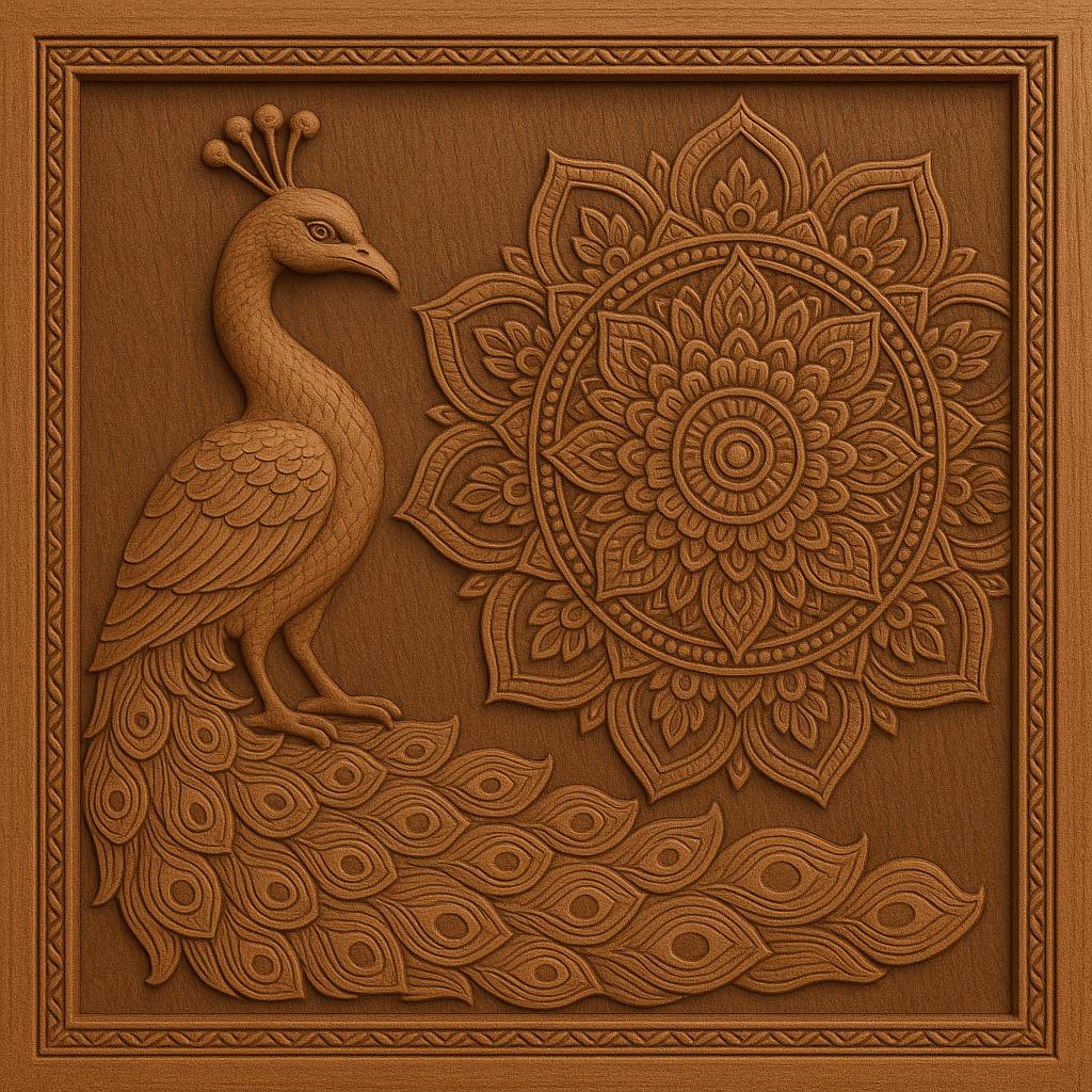 Peacock Mandala Wall Art - Golden Line Panel