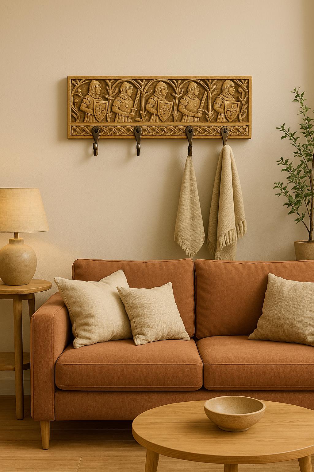 Wooden Wall Key Holder - 6 Black Hooks