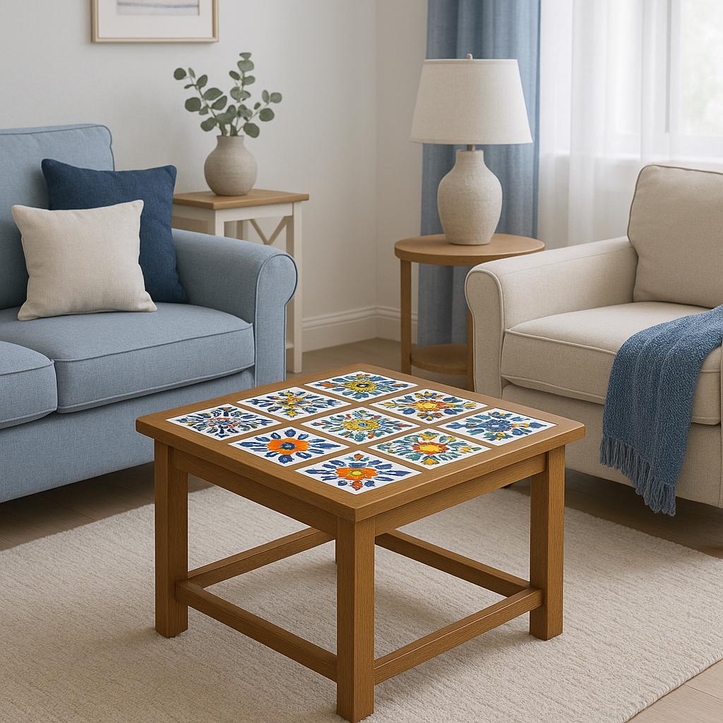 Round Wood Coffee Table - Ceramic Tile Inlay Boho