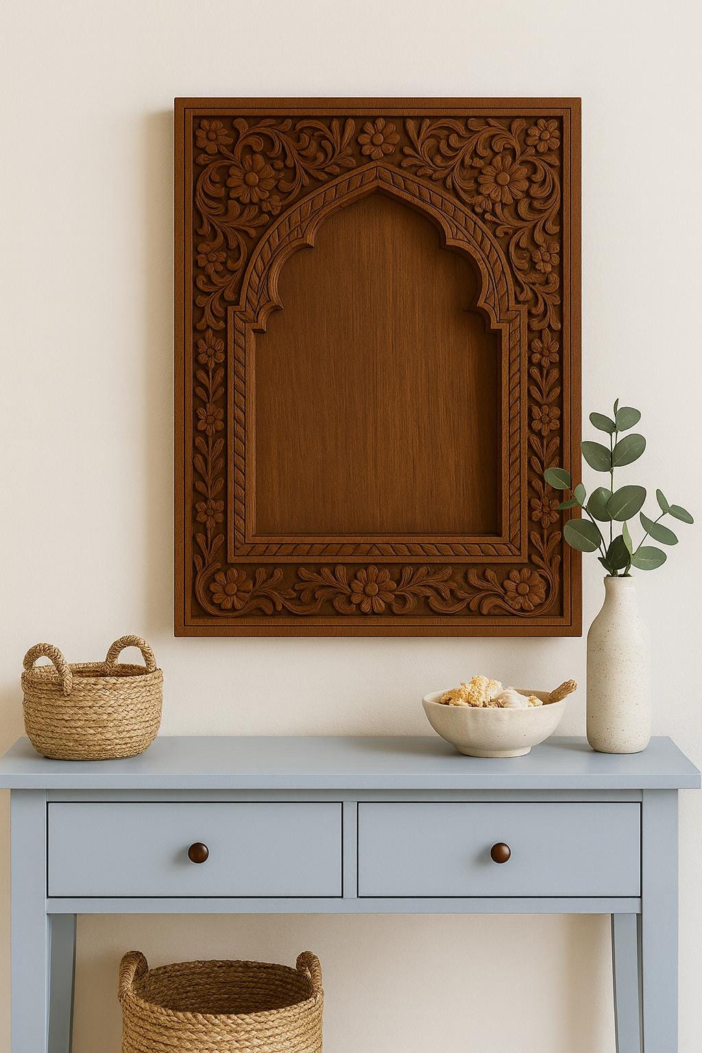 Hand-Carved Wooden Wall Panel - Arch Floral