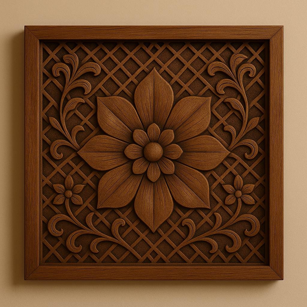 Wooden Wall Panel 18x18" - Floral Carved Teak