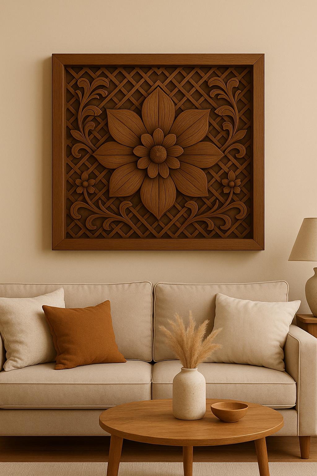 Wooden Wall Panel 18x18" - Floral Carved Teak