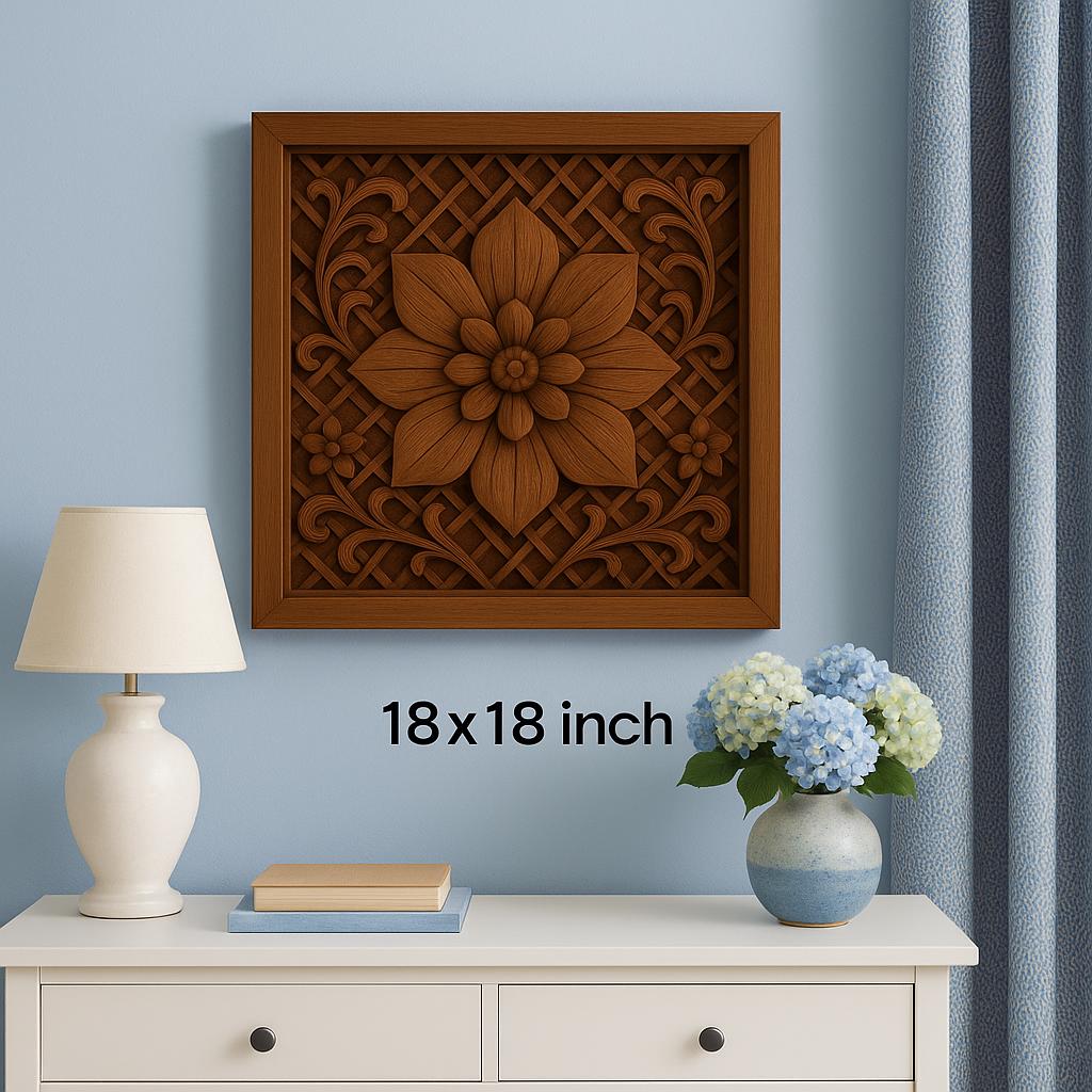Wooden Wall Panel 18x18" - Floral Carved Teak