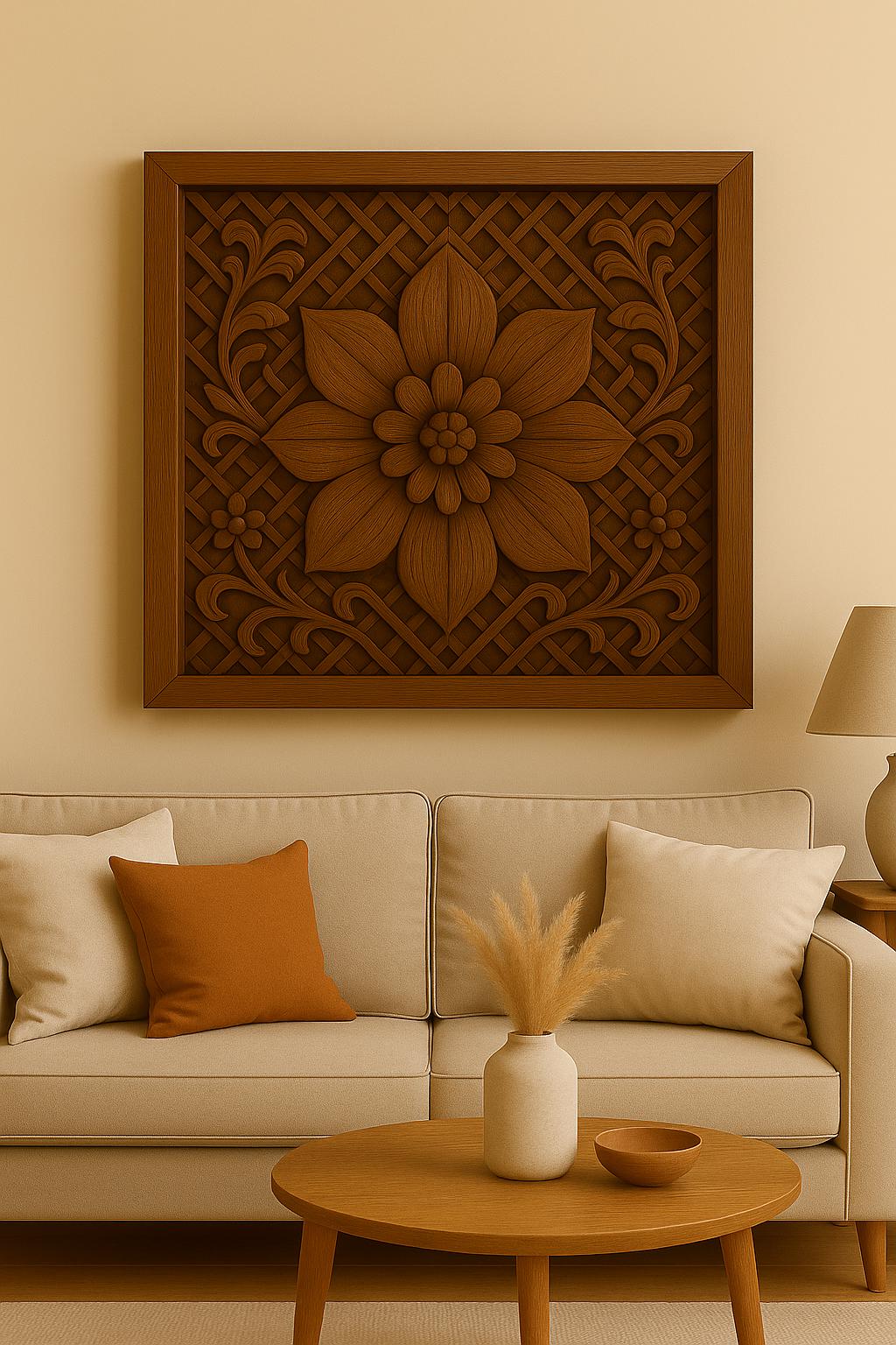 Wooden Wall Panel 18x18" - Floral Carved Teak